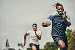 Rugby, energy and black man with ball running to score goal on field at game, match or practice workout. Sports, fitness and motion, player in action and blur on grass with energy and skill in sport.