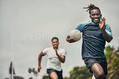 Buy stock photo Rugby, energy and black man with ball running to score goal on field at game, match or practice workout. Sports, fitness and motion, player in action and blur on grass with action and skill in sport.