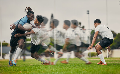Buy stock photo Rugby, tackle and black man with ball running to score goal on field at game, match or practice workout. Sports, fitness and motion, player in action and blur on grass with energy and skill in sport.