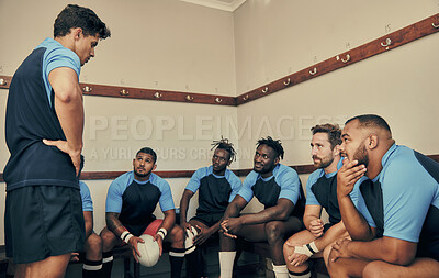 Buy stock photo Locker room, motivation and rugby team with coach or captain in strategy discussion or game plan. Training, coaching and group of sports players planning teamwork with leader in cloakroom together. 