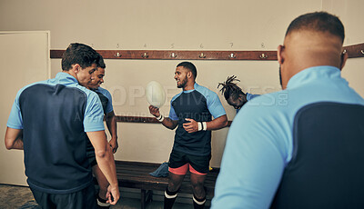 Buy stock photo Locker room, motivation and team building, rugby players in strategy discussion or game plan with ball. Training, coaching and group of sports men planning teamwork with leader in cloakroom together.