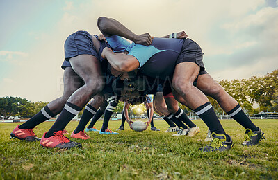 Buy stock photo Rugby fitness, scrum or men training in stadium on grass field in match, practice or sports game. Teamwork, ball or strong athletes in tackle exercise, performance or workout in group competition