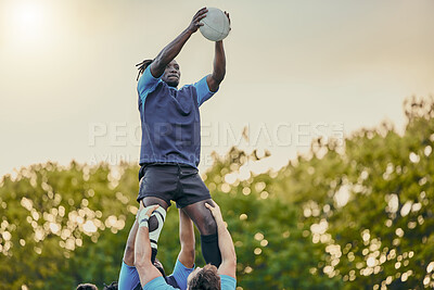Buy stock photo Sports, men and rugby and jump with team on field, playing game with energy and fitness, ball and action outdoor. Training, exercise and professional match, sport club with male group and active