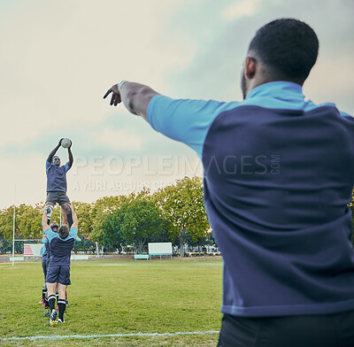 Buy stock photo Sports, rugby and team outdoor, men playing game with energy and fitness, huddle and action on field. Jump, catch and ball with exercise and professional match, sport club with male group and active