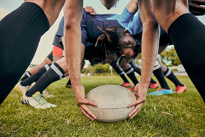 Buy stock photo Sport, rugby ball and team on field, men playing game with energy and fitness with huddle together. Teamwork, scrum and ready for professional match, male sports club and outdoor with exercise