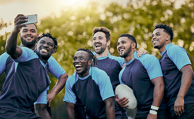Buy stock photo Rugby, team and sports selfie for profile picture, vlog or social media post together. Sporty man holding smartphone smiling in teamwork for group photo, memory or friendship outdoors