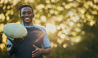Buy stock photo Rugby, ball and portrait of black man with smile, confidence and pride in winning game. Fitness, sports and happy face of player ready for match, workout or competition at stadium with mockup space.