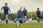 Sports, rugby and team on field, men playing game with energy and fitness, player score try and group cheers. Running, exercise and professional match, sport club with male outdoor and active