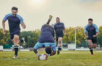 Buy stock photo Sports, rugby and team on field, men playing game with energy and fitness, player score try and group cheers. Running, exercise and professional match, sport club with male outdoor and active