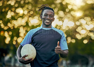 Buy stock photo Rugby, thumbs up and portrait of black man with ball, confidence and pride in winning game. Fitness, sports and happy face of player ready for match, workout or competition at stadium in South Africa
