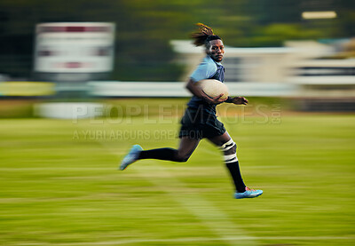 Buy stock photo Rugby, action and black man running with ball to score goal on field at game, match or practice workout. Sports, fitness and motion, player on blurred background on grass with energy and sport skill.