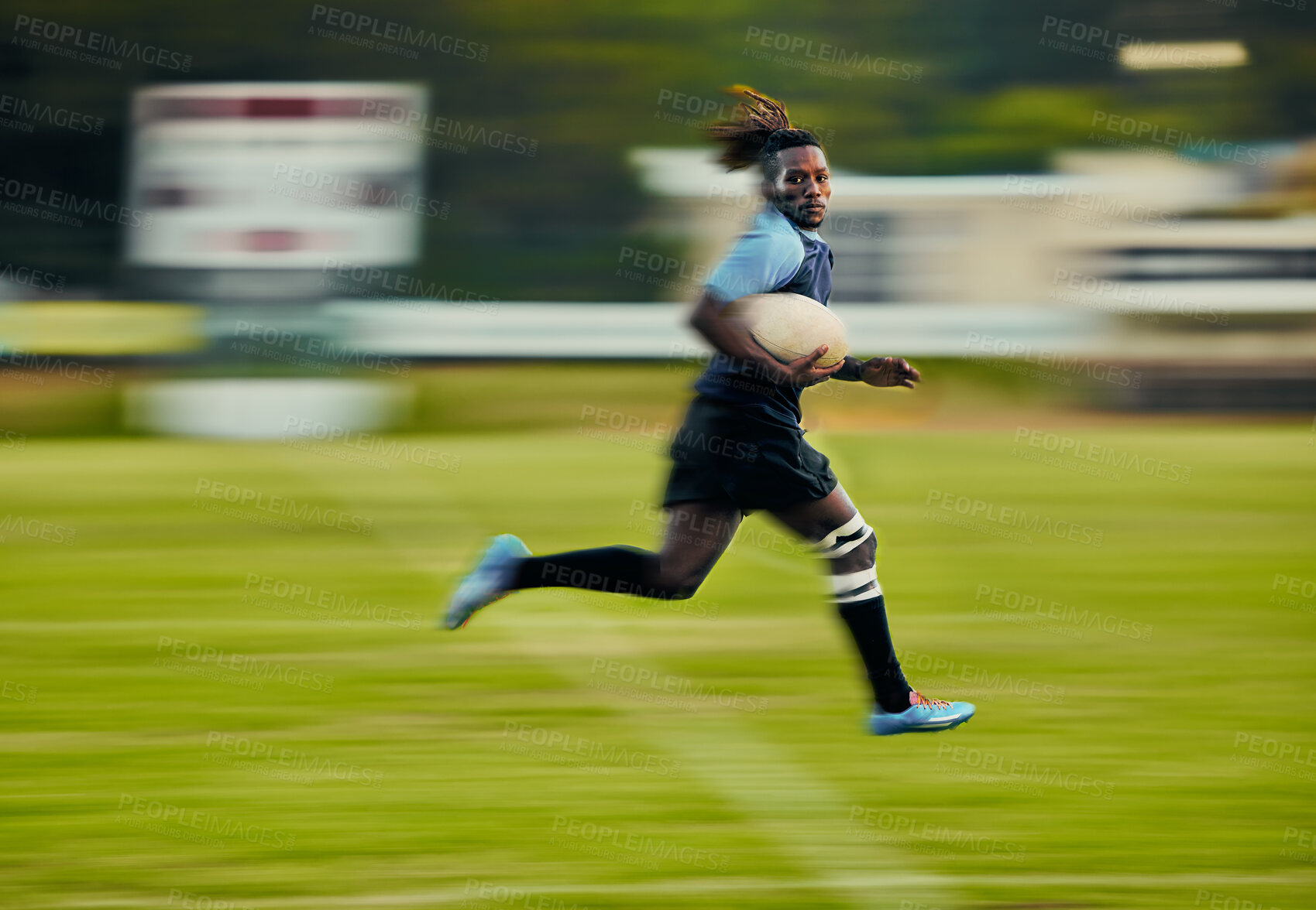 Buy stock photo Rugby, action and black man running with ball to score goal on field at game, match or practice workout. Sports, fitness and motion, player on blurred background on grass with energy and sport skill.