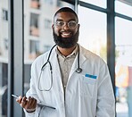 Tablet, black man and portrait of doctor for healthcare services, telehealth analysis or hospital network. Young medical professional on digital technology for clinic research, consulting or planning