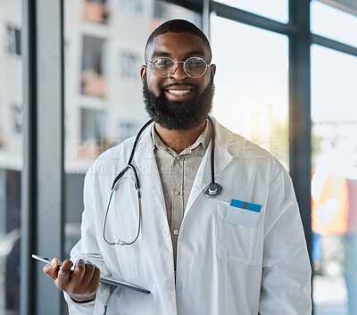 Buy stock photo Tablet, black man and portrait of doctor for healthcare services, telehealth analysis or hospital network. Young medical professional on digital technology for clinic research, consulting or planning