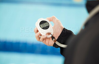 Buy stock photo Stopwatch, sports and hands of coach at swimming pool for training, workout and fitness tracker. Personal trainer, exercise and competition with closeup of person and timer for check and cardio