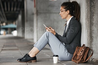 Buy stock photo Woman, reading and phone on coffee break in the city, street or employee relax on social media, internet or online job search. Unemployment, news and worker sitting to check email on cellphone