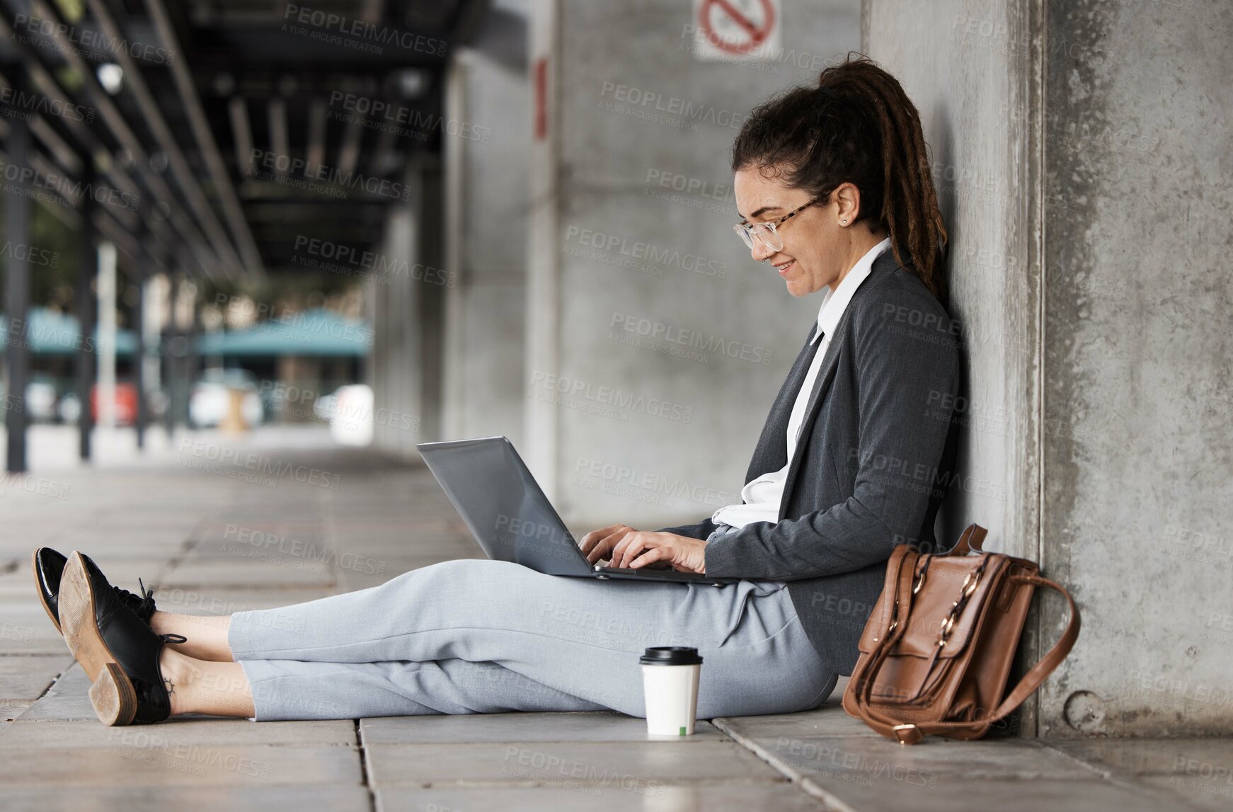 Buy stock photo Laptop, typing and woman on a coffee break in the city or employee relax on social media, internet or online connection. Remote, virtual work and digital nomad or person sitting on computer on street