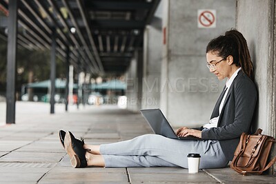 Buy stock photo Typing, laptop and woman on a coffee break in the city or employee on social media, job search or online hiring opportunity. Unemployed, worker and networking on computer in town for business