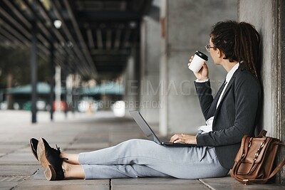 Buy stock photo Laptop, woman and coffee break in the city or employee search for a job on social media, internet or online opportunity. Remote, virtual or digital work on computer SEO blog or email and business