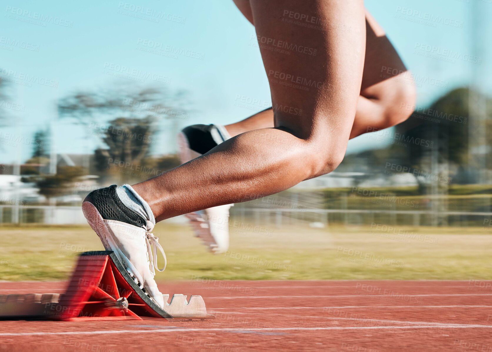 Buy stock photo Start, running and speed with shoes of person on race track for fitness, sports and marathon training. Competition, health and workout with closeup of runner in stadium for energy and performance