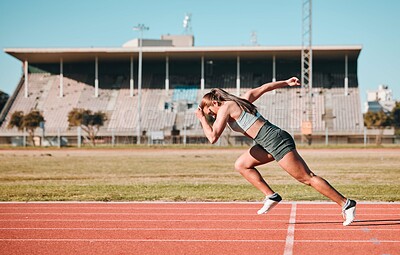 Buy stock photo Sports, race and woman athlete running sprint in competition for fitness game or training as energy wellness on a track. Fast, stadium and athletic person or runner exercise, speed and workout