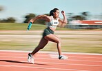 Fast, race and athlete running relay sprint in competition or fitness game or training for energy wellness on a track. Sports, stadium and athletic person or runner exercise, speed and workout