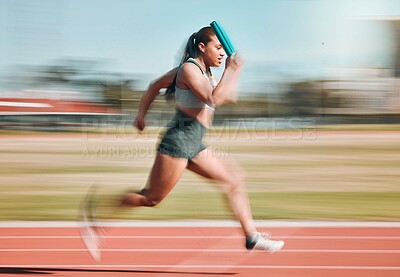 Buy stock photo Action, speed and woman athlete running relay sprint in competition for fitness game and training for energy wellness on a track. Sports, stadium and athletic person or runner exercise and workout