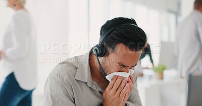 Buy stock photo Call center man, sneeze and sick in office, tissue or healthcare with headphone mic for telemarketing job. Agent guy, consultant or customer service employee with toilet paper for blowing nose at job