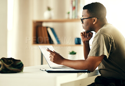 Buy stock photo Black man, laptop and reading military information, planning or army surveillance indoor at base. Computer, soldier and concentration on web research at data center for cyber security and protection