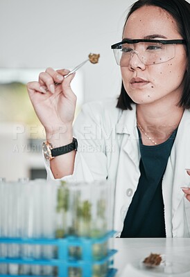 Buy stock photo Science, plant sample and Asian woman in laboratory for analysis, medical research and study. Horticulture, pharmaceutical and scientist with plants for testing, innovation and medicine development