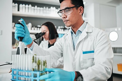 Buy stock photo Science, research and man with test tube in biotech laboratory, solution for vaccine or medical innovation. Healthcare, lab analytics and medicine, scientist with pharmaceutical sample in container.