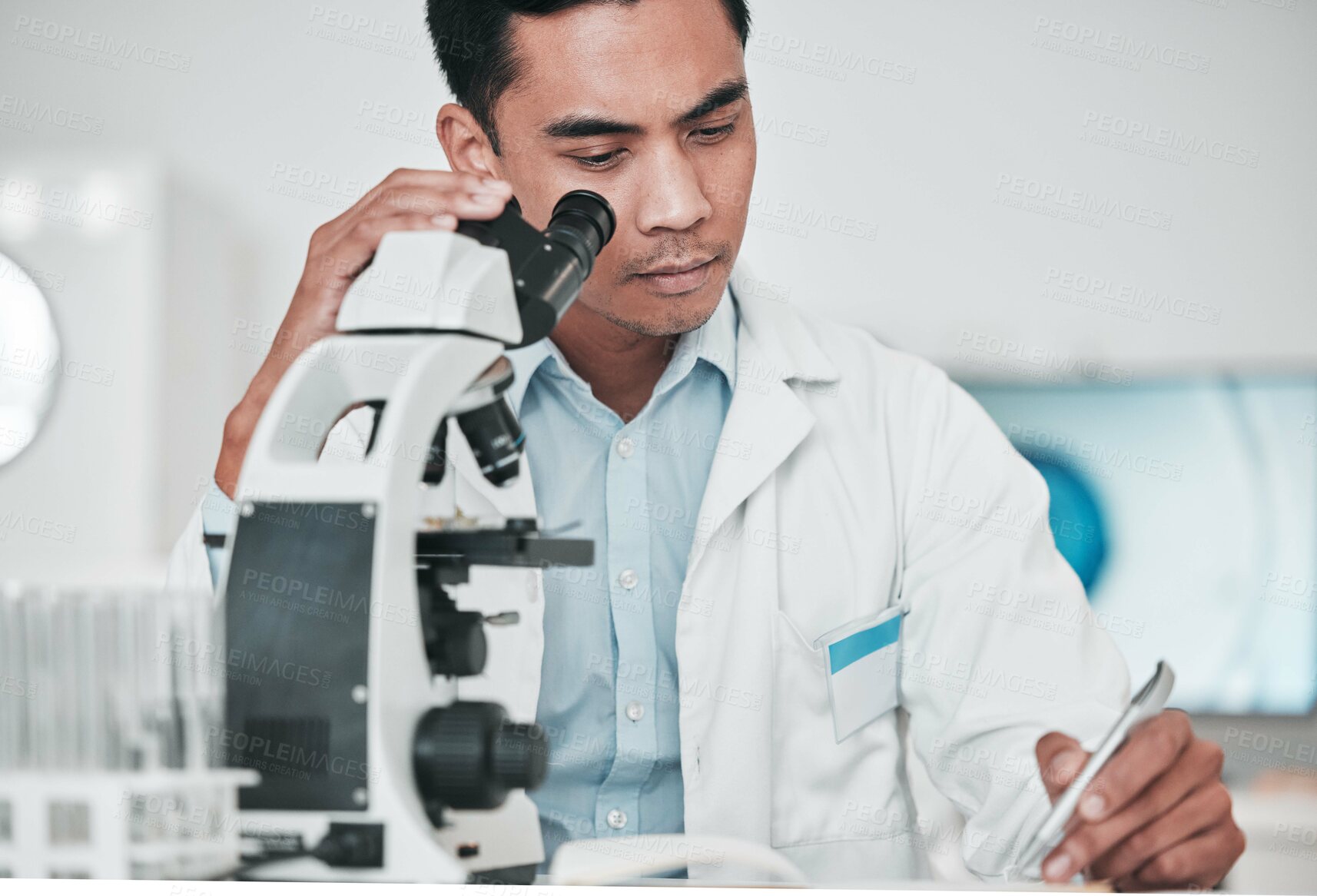 Buy stock photo Scientist, microscope and man writing report, test results and research data for medical analysis of DNA in laboratory. Biotechnology, science and doctor with checklist, documents or healthcare study