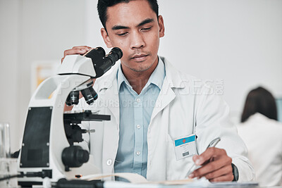 Buy stock photo Science, microscope and man writing data, test results and research report for medical analysis of DNA in laboratory. Biotechnology scientist or doctor with checklist, documetns or healthcare study