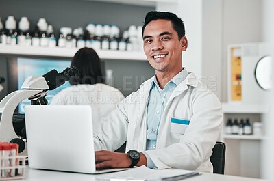 Buy stock photo Science, man and portrait at laptop in laboratory for planning innovation, research and biotechnology software. Happy asian scientist working at computer to review data, investigation and development