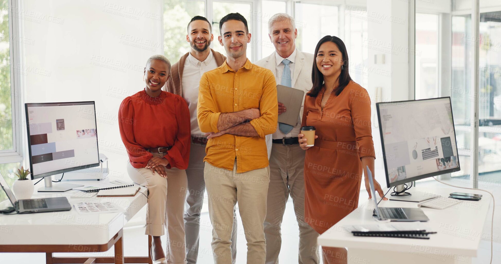 Buy stock photo Diversity, portrait and happy business people in office with pride, collaboration and marketing team at work. Group, teamwork and employees together at professional company with confidence and smile