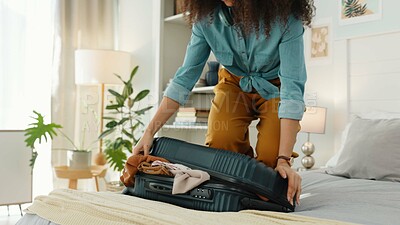 Buy stock photo Bedroom, travel or woman with luggage or suitcase in a luxury hotel on vacation for adventure. Closeup, hands or person packing clothes in bag and ready for a holiday trip at a lodge, house or villa 