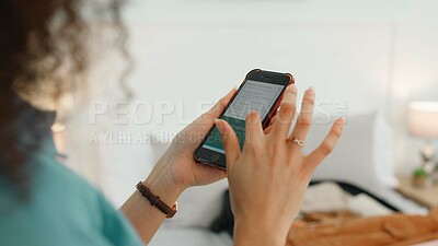 Buy stock photo Woman, hands and phone with travel website, social media or scroll online for booking a vacation, holiday or hotel accommodation. Internet, research and person planning trip in home bedroom with blog