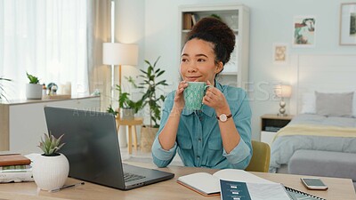 Buy stock photo Remote work, laptop and thinking woman with coffee in home office happy, relax or smile at home. Freelancer, break and lady designer with tea, daydream or planning while working online in living room