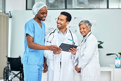 Buy stock photo Group, doctors and nurse with a tablet, teamwork and connection with internet, conversation and network. Happy people, medical professionals and employees with technology, healthcare and planning