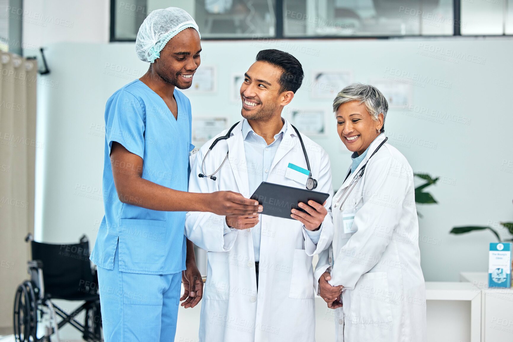 Buy stock photo Group, doctors and nurse with a tablet, teamwork and connection with internet, conversation and network. Happy people, medical professionals and employees with technology, healthcare and planning