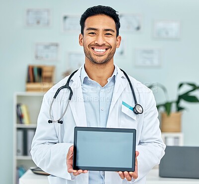 Buy stock photo Portrait of doctor with tablet, screen and healthcare app in hospital office, online medicine mockup. Telehealth, man with smile and digital information on medical website, advice and help in clinic.