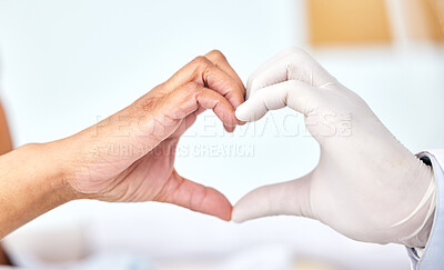 Buy stock photo Healthcare, cardiology or heart hands with a doctor and patient closeup in a hospital for love or support. Medical, health or trust with a medicine professional and resident in a clinic for wellness