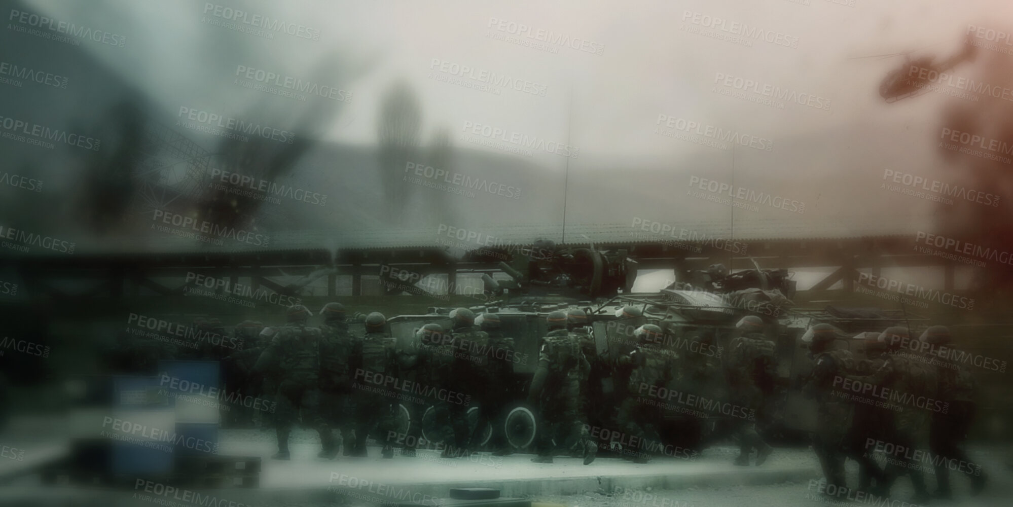 Buy stock photo Blurred, soldier group and war mission with team, secret service and government workers outdoor. Military, surveillance and officer with teamwork, security and army target with agent people together