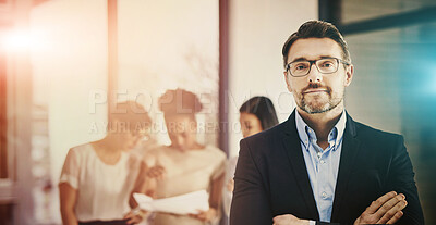 Buy stock photo Businessman, portrait, and office, leader or management with pride, confident or arms crossed. Mature employer, boss and experienced professional with glasses, corporate career and morning sunrise