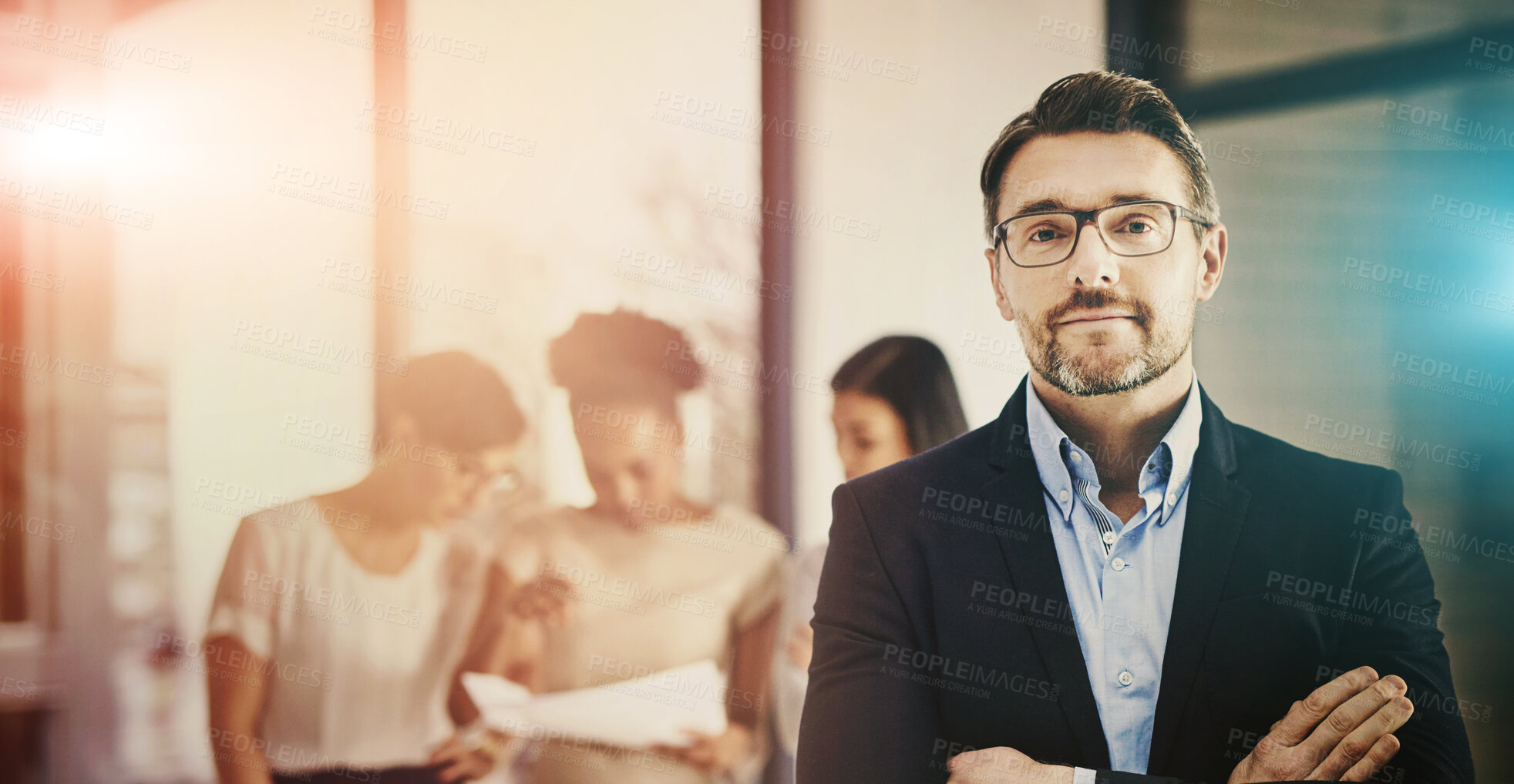 Buy stock photo Businessman, portrait, and office, leader or management with pride, confident or arms crossed. Mature employer, boss and experienced professional with glasses, corporate career and morning sunrise