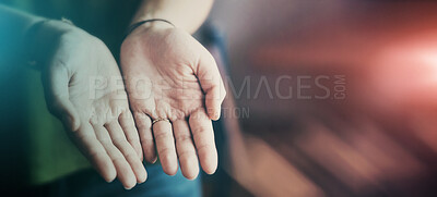 Buy stock photo Hands, help and mockup for charity community work, support or poverty donation for hope. Open palm, homeless helping money and kindness for nonprofit, human gratitude or giving care for poor people