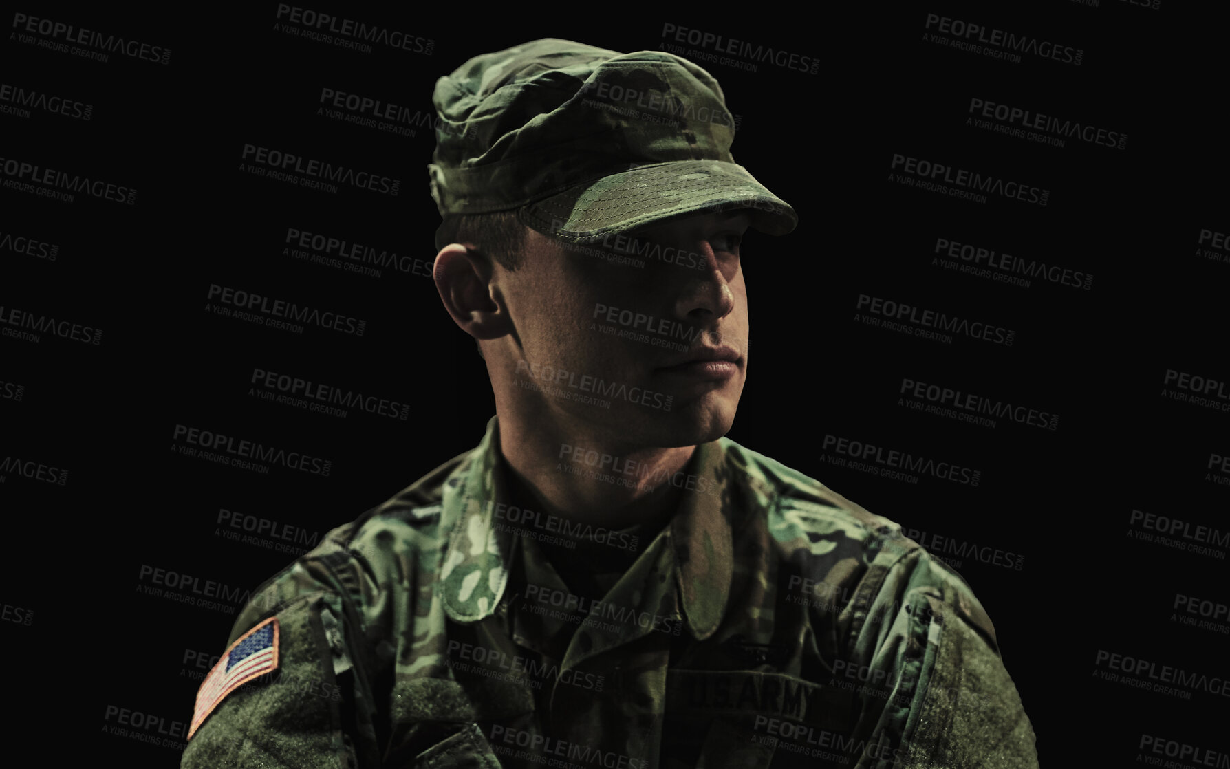 Buy stock photo Man, soldier and war on black studio background, ptsd and patriotic in military, sad and depressed. Army, mental health issues and hero for country, service and duty with grief, thinking and veteran