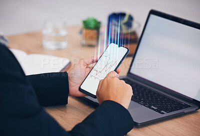 Buy stock photo Phone, person hands and graph hologram for digital transformation, blank screen and mockup space. Research, big data and employee database at office desk with mobile investing information and growth