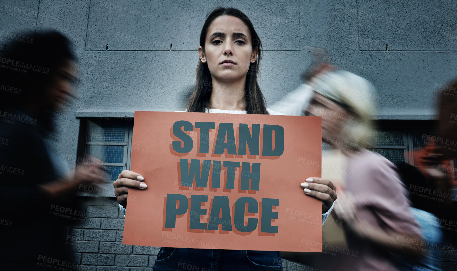 Buy stock photo Portrait, city and a woman with a sign at a protest for justice, social change or peace. Law, support and a serious person with a banner or board for government problem, human rights or a rally