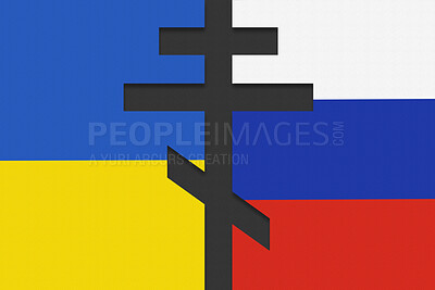 Buy stock photo War, Ukraine and Russia with conflict, flag and peace with Russian orthodox cross overlay. Abstract, freedom and country in support for hope of assistance with crisis, power or politics for future